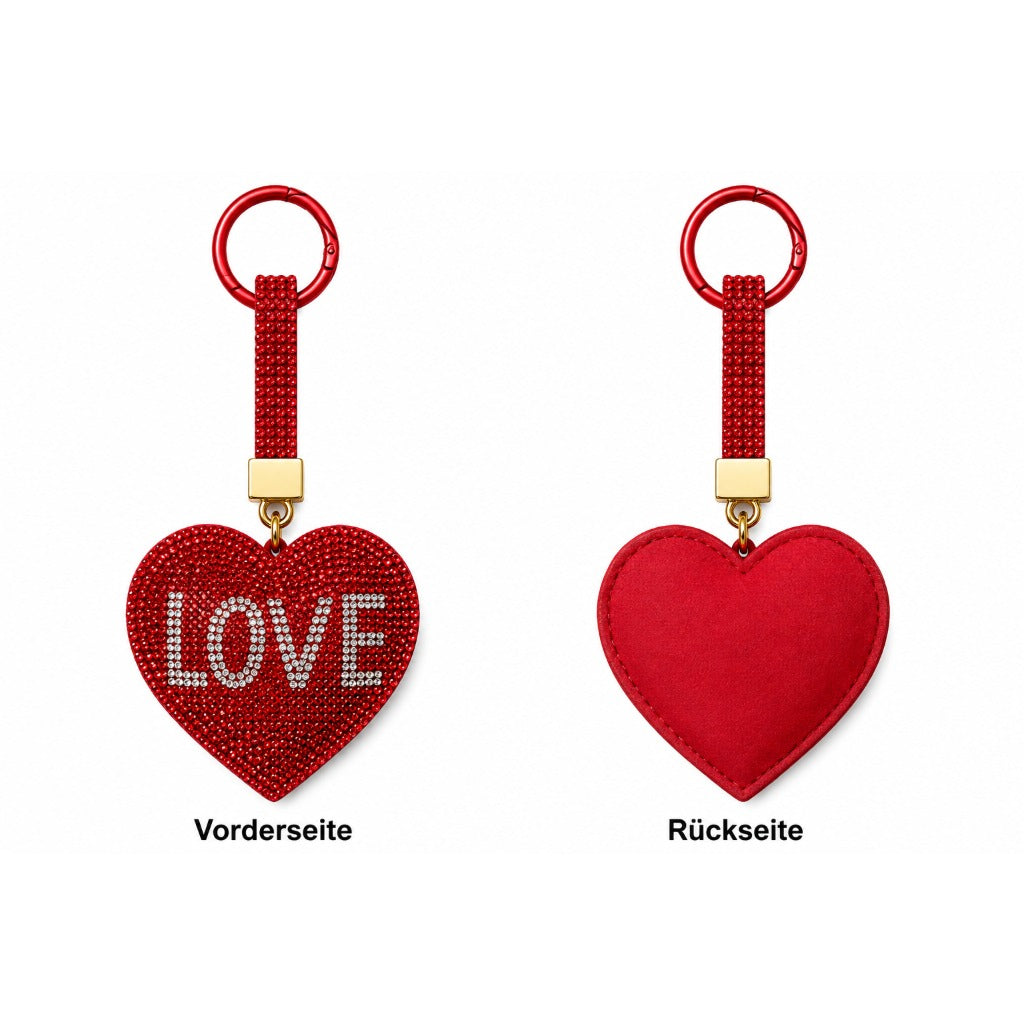 Strass Herz Schlüsselanhänger LOVE Rot – Glitzer Taschenanhänger mit Schlüsselring