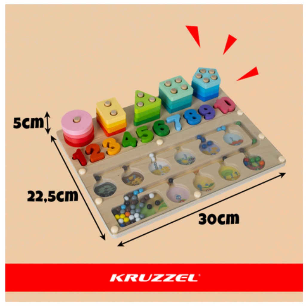 Kruzzel Holzsortierer Montessori 3-in-1 Aktivitätstafel 30 cm – Lernspielzeug mit Magnetlabyrinth für Kinder ab 3 Jahren – Bild 2
