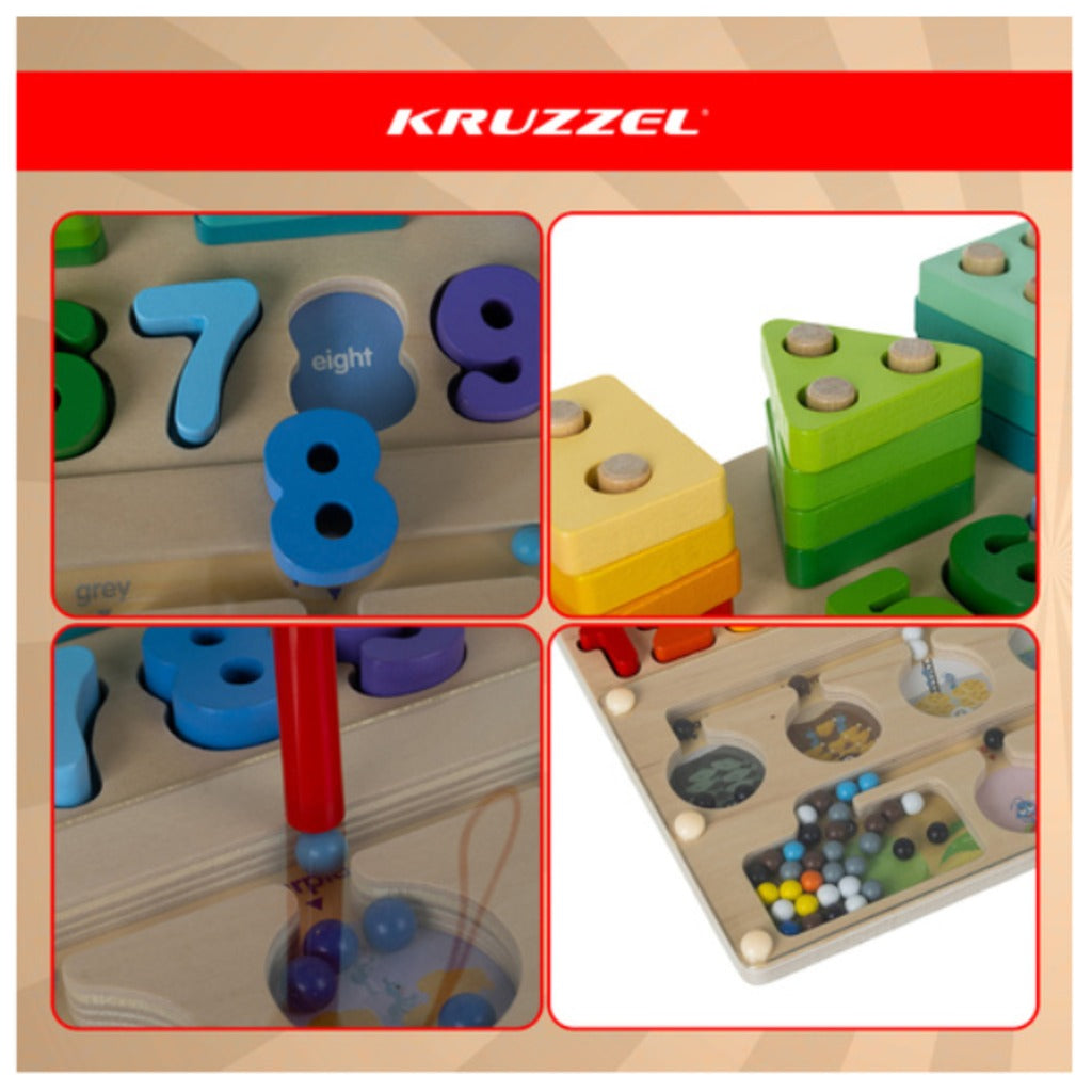 Kruzzel Holzsortierer Montessori 3-in-1 Aktivitätstafel 30 cm – Lernspielzeug mit Magnetlabyrinth für Kinder ab 3 Jahren – Bild 4