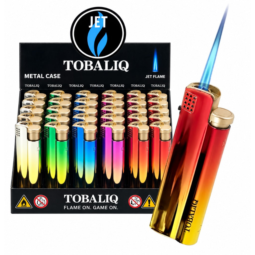 TOBALIQ Jet-Feuerzeug SFX9 Rainbow Edition 25er Thekendisplay – Einweg-Gasfeuerzeug mit Metallhülle und Jetflamme, farblich s