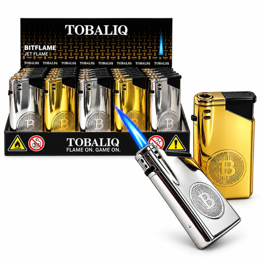 TOBALIQ JET-Flame Metall-Feuerzeug Bitcoin Design 25er Display – Sturmfeuerzeug Gold Silber mit blauer Jet-Flamme