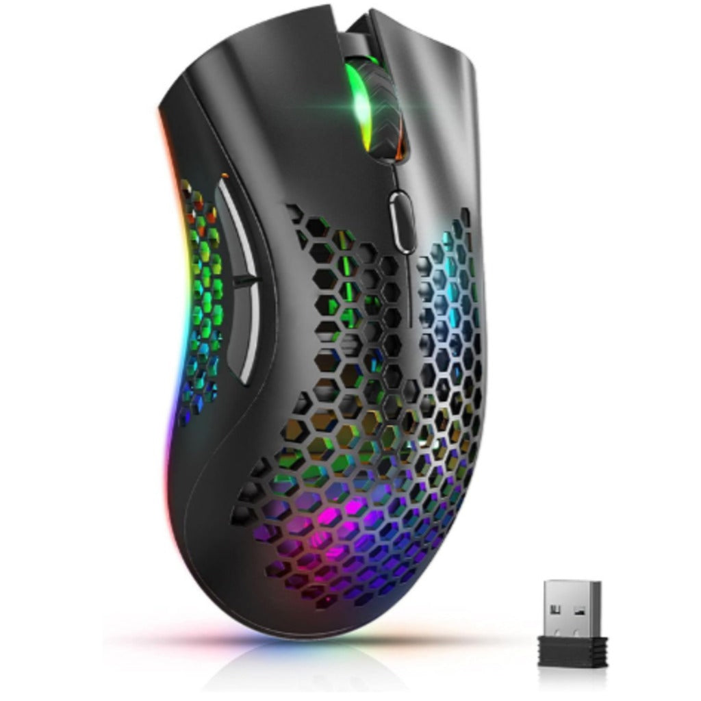 Kabellose RGB Gaming Maus 2.4 GHz schwarz – ergonomische Funkmaus für PC und Laptop mit RGB-Beleuchtung und perforiertem Desi – Bild 5