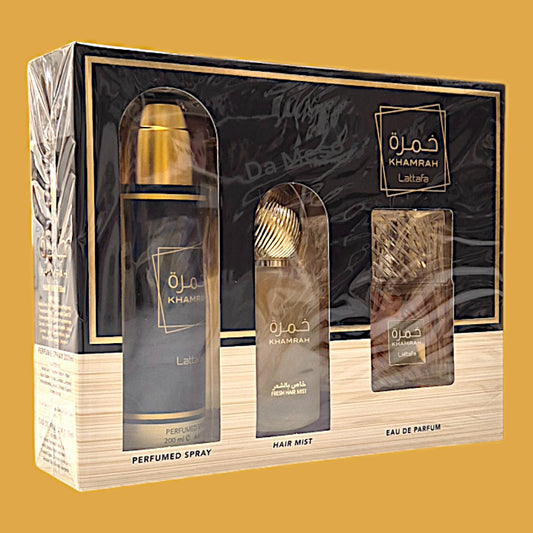 Lattafa Khamrah Collection Set Hair Mist + Perfumed Spray + EDP