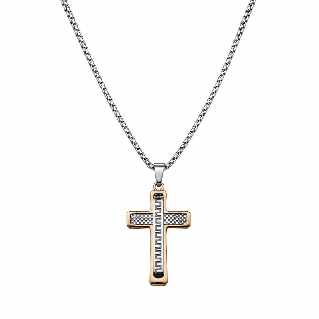 Herren Kreuz Halskette Bicolor Edelstahl 52 cm – Kreuzanhänger Silber & Goldfarben maskulin