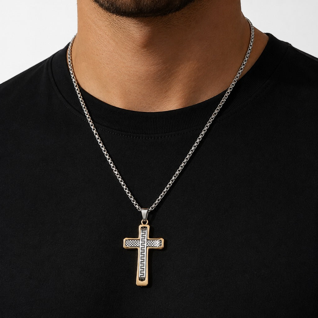 Herren Kreuz Halskette Bicolor Edelstahl 52 cm – Kreuzanhänger Silber & Goldfarben maskulin – Bild 2