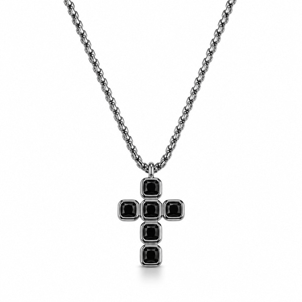 Kreuz Halskette Herren silberfarben Edelstahl mit schwarzen Schmucksteinen Kreuzanhänger 28,5 cm