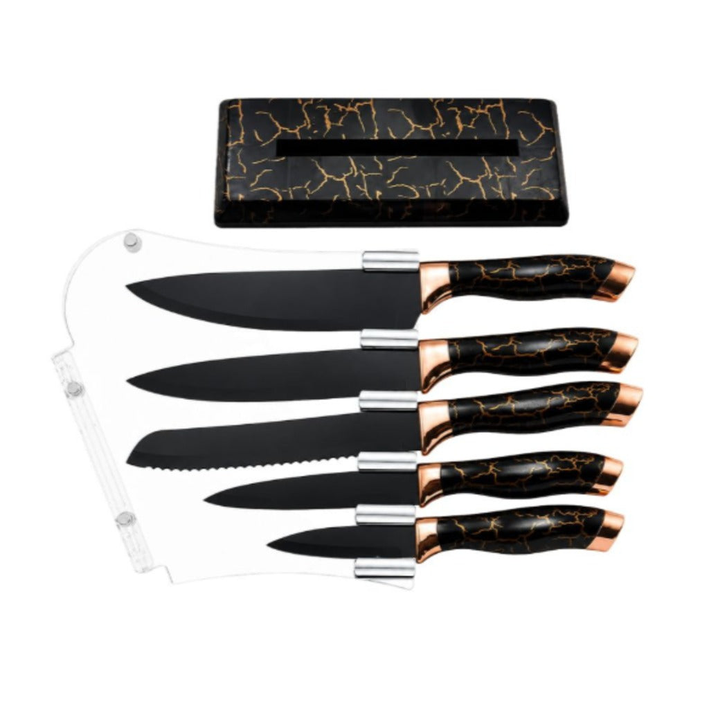 Küchenmesserset 6-teilig mit transparentem Messerständer – 5 Edelstahlmesser schwarz Marmor-Design – Bild 5