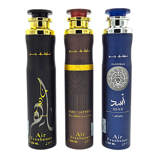 Lattafa Raumduft Set Lufterfrischer Asad Zanzibar, Ramz Gold, Maahir Black
