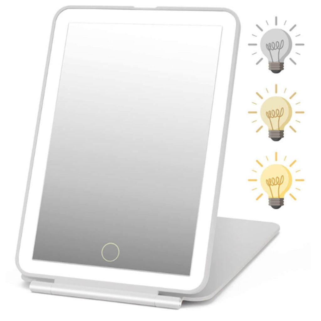 LED Kosmetikspiegel mit Beleuchtung klappbar 13,5x20 cm – weißer Schminkspiegel und Reisespiegel mit Touch-Dimmer – Bild 4