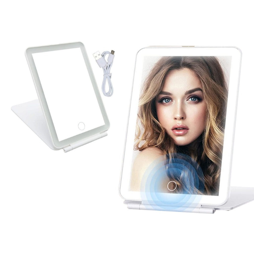LED Kosmetikspiegel mit Beleuchtung klappbar 13,5x20 cm – weißer Schminkspiegel und Reisespiegel mit Touch-Dimmer – Bild 5