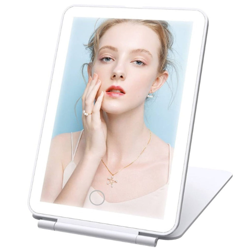 LED Kosmetikspiegel mit Beleuchtung klappbar 13,5x20 cm – weißer Schminkspiegel und Reisespiegel mit Touch-Dimmer – Bild 6