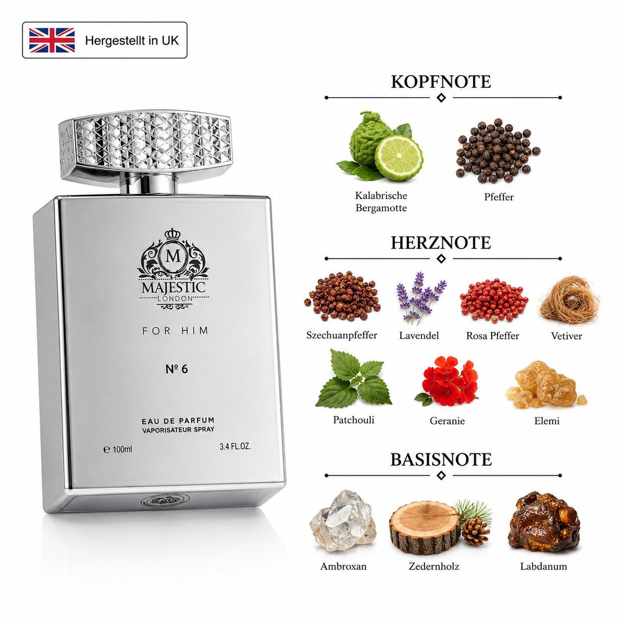 Majestic London for Him No 6 Eau de Parfum 100 ml Herrenduft mit Bergamotte, Pfeffer, Lavendel, Vetiver, Patchouli, Ambroxan und Zedernholz im eleganten Flakon