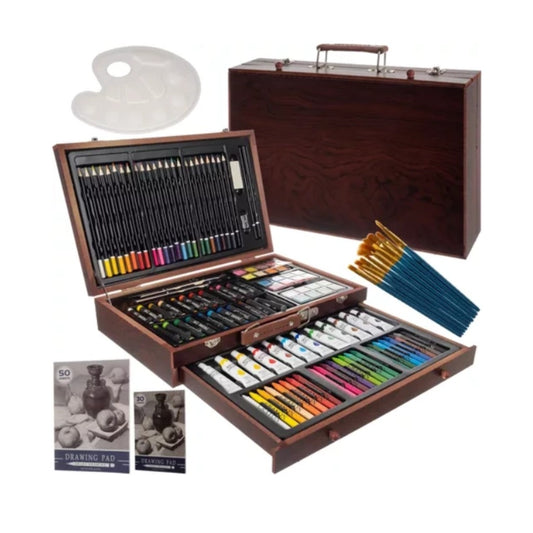 Maaleo Malset im Koffer 129 Teile – Kreativ-Kunstset für Kinder mit Buntstiften, Ölpastellen, Aquarellfarben und Holzkoffer