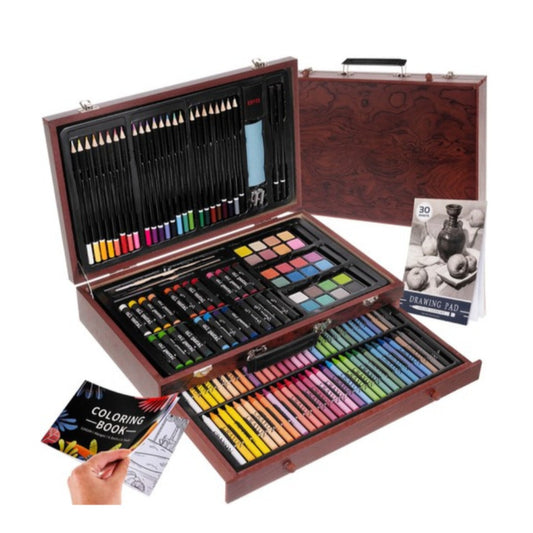 Maleo Malset im Koffer 148 Teile Kreativset Holzkoffer mit Wachsmalstiften Pastellen Aquarellfarben für Kinder
