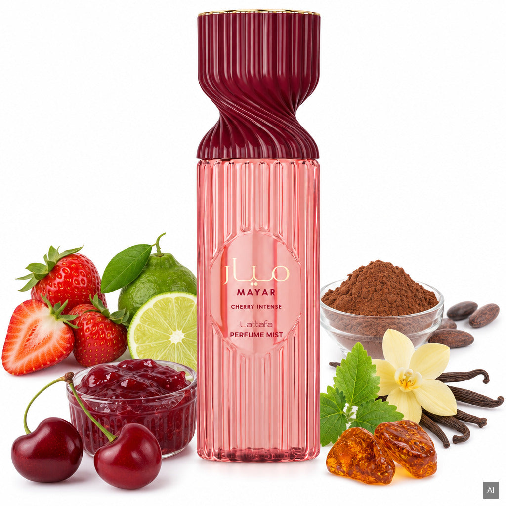 Lattafa Mayar Cherry Intense Perfume Mist 250 ml – süßer orientalischer Damenduft mit Erdbeere, Kirsche und Vanille – Duftnot