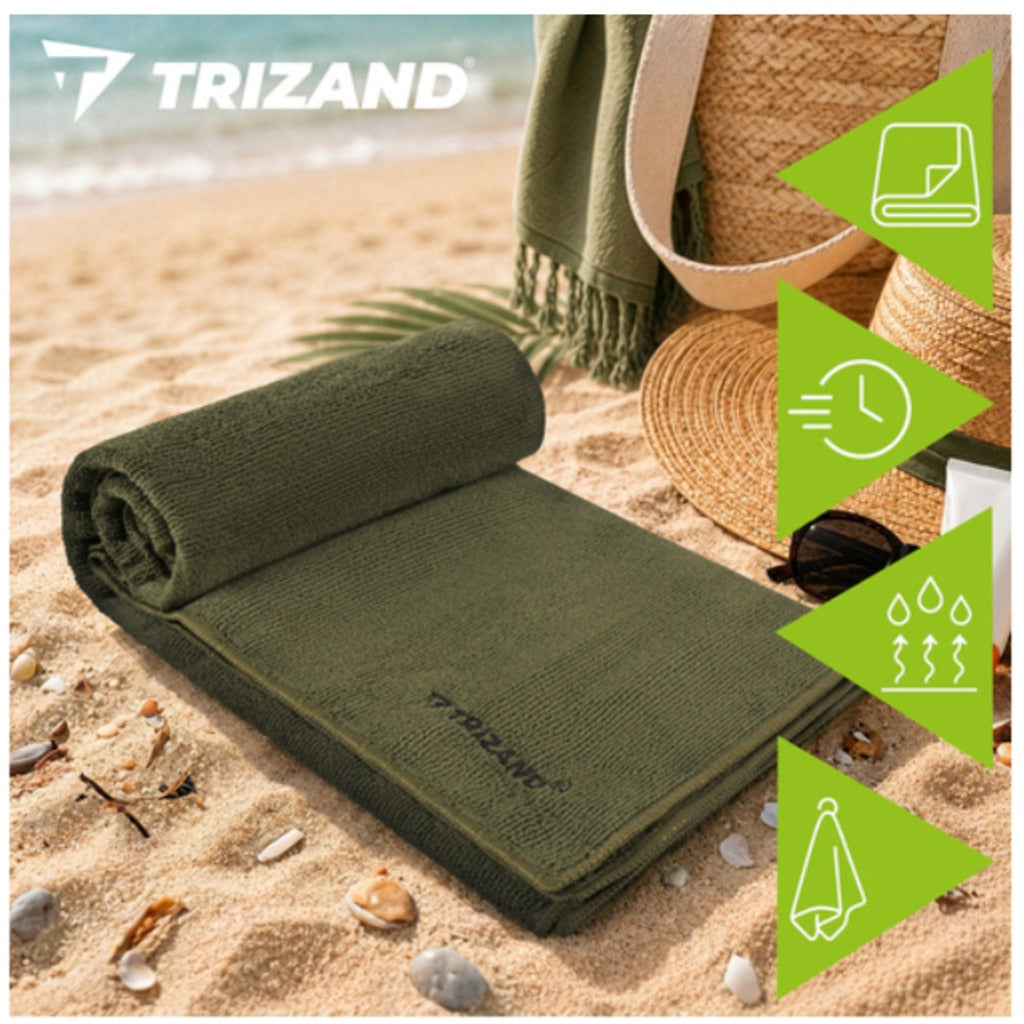 Trizand schnelltrocknendes Mikrofaser Handtuch 120x60 cm in Grau/Khaki – leichtes Sport- und Strandhandtuch mit Kordelzugbeut – Bild 10