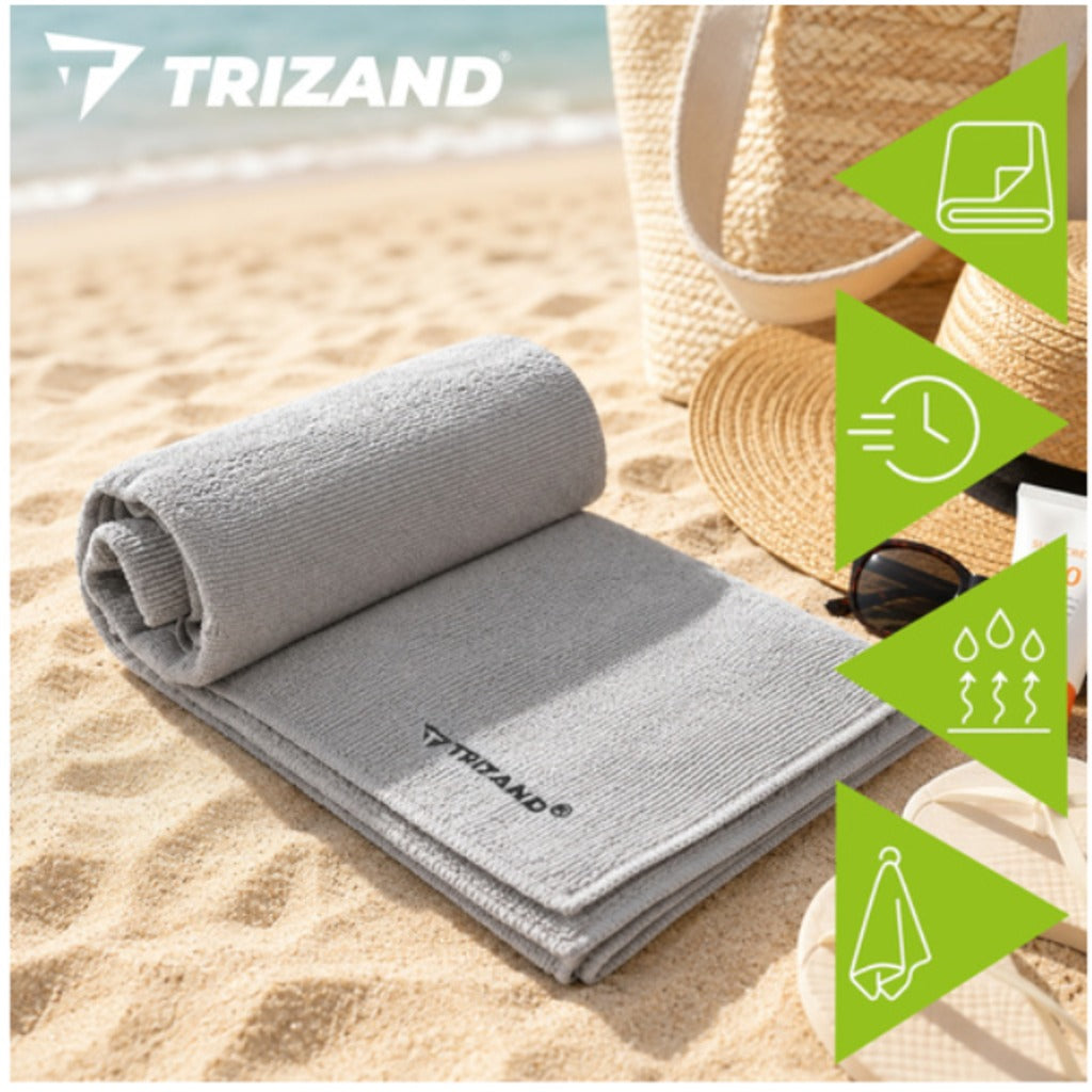 Trizand schnelltrocknendes Mikrofaser Handtuch 120x60 cm in Grau/Khaki – leichtes Sport- und Strandhandtuch mit Kordelzugbeut – Bild 5
