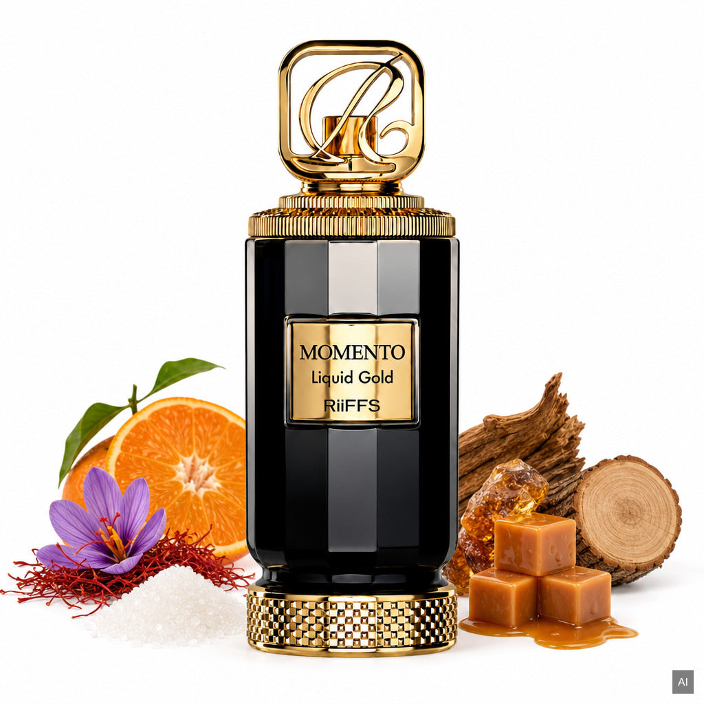 Riiffs Momento Liquid Gold Extrait de Parfum 100 ml – süß-orientalischer Unisex-Duft mit Safran, Oud und Karamell – Duftnoten