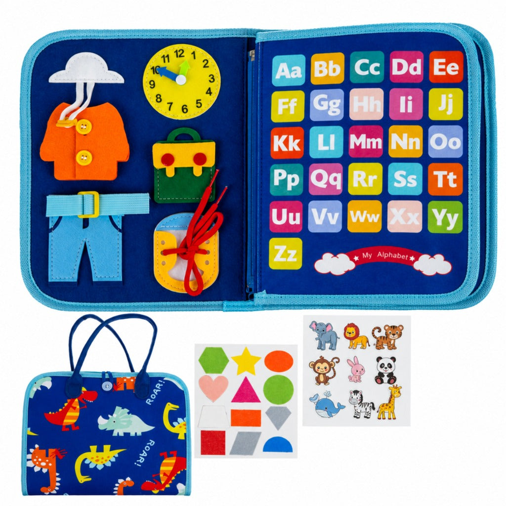 Kruzzel Manipulatives Sensorikbuch blau – Montessori Filzbuch mit Dinosaurier-Motiv für Kinder ab 3 Jahren