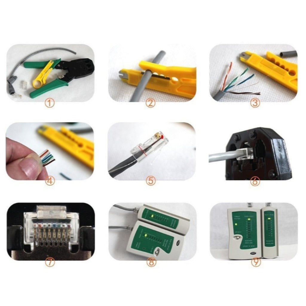 Netzwerk Werkzeug Set mit LAN-Kabeltester RJ45 RJ11, Crimpzange und Abisolierer im schwarzen Reißverschlusskoffer – Bild 11