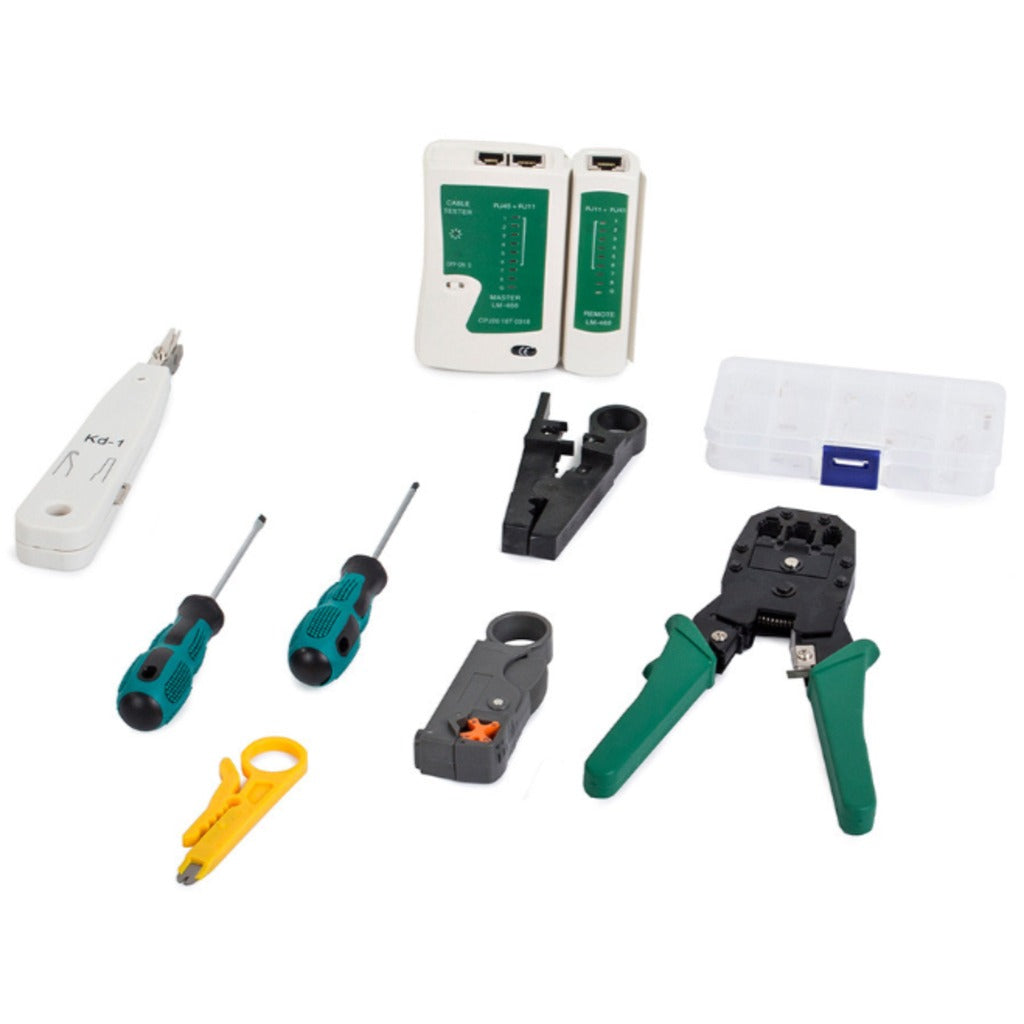 Netzwerk Werkzeug Set mit LAN-Kabeltester RJ45 RJ11, Crimpzange und Abisolierer im schwarzen Reißverschlusskoffer – Bild 4