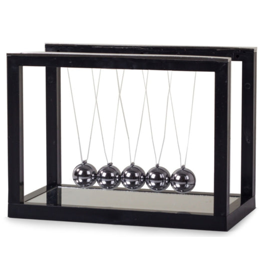 Newton Pendel mit Spiegel – Newtons Wiege mit 5 Kugeln, Schreibtisch-Deko, Sockel 20x11 cm