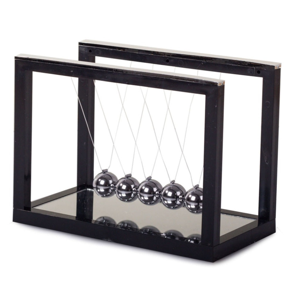 Newton Pendel mit Spiegel – Newtons Wiege mit 5 Kugeln, Schreibtisch-Deko, Sockel 20x11 cm – Bild 5