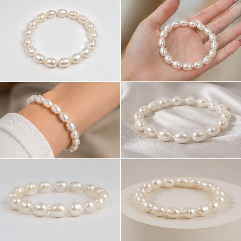 Damen Perlenarmband elastisch Weiß Creme – klassischer Perlenschmuck für Alltag und Hochzeit – Bild 2