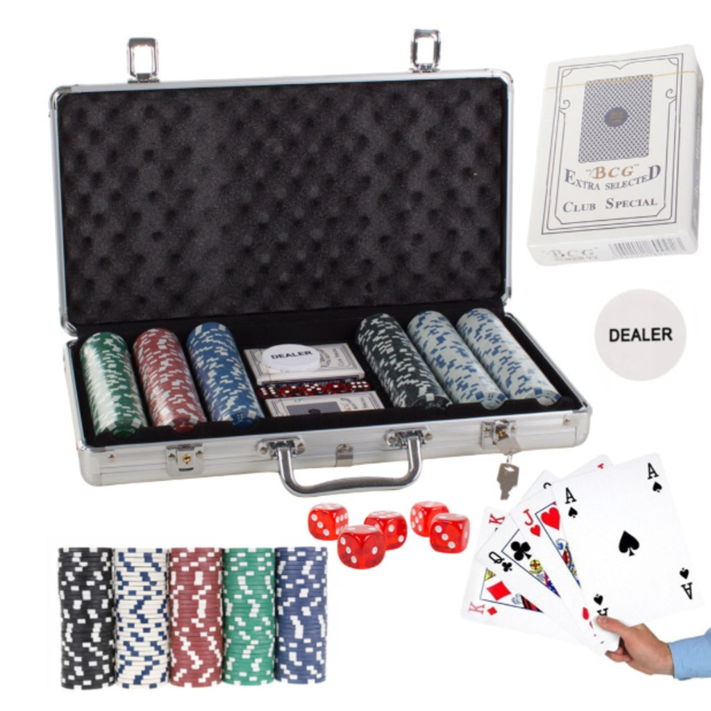 Texas Hold'em Poker Set 300 Chips im abschließbaren Aluminiumkoffer mit 2 Kartendecks und Würfeln