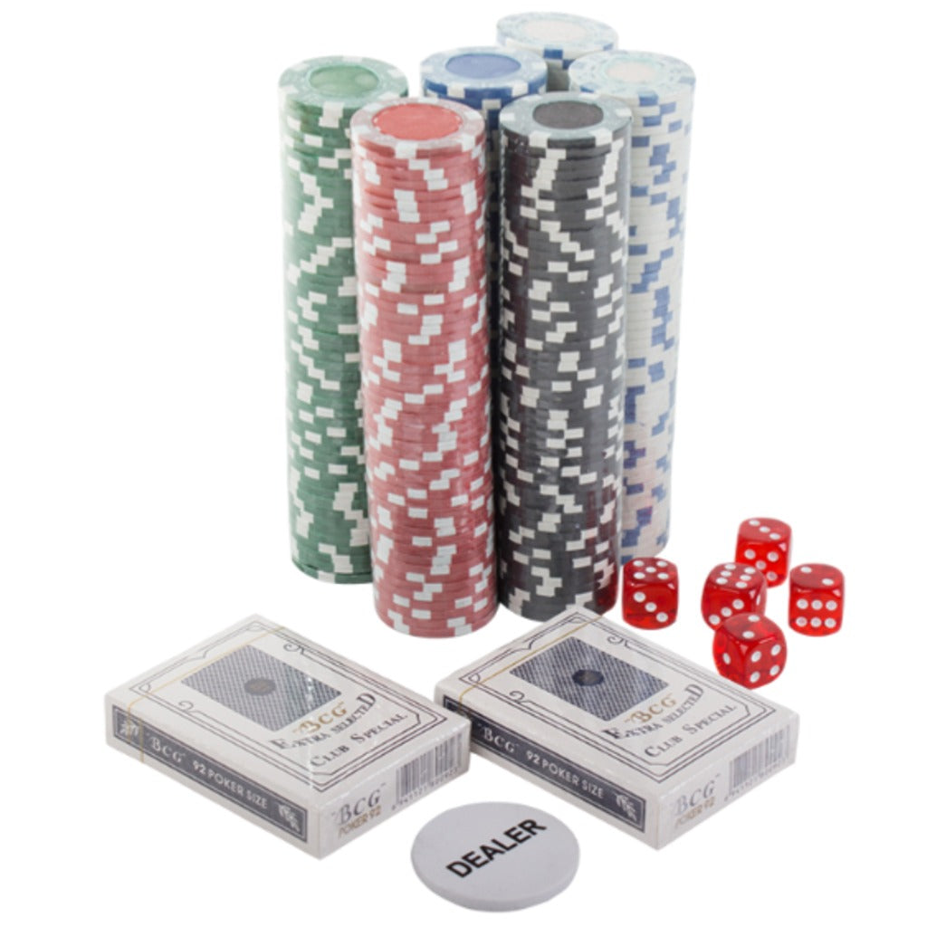 Texas Hold'em Poker Set 300 Chips im abschließbaren Aluminiumkoffer mit 2 Kartendecks und Würfeln – Bild 3