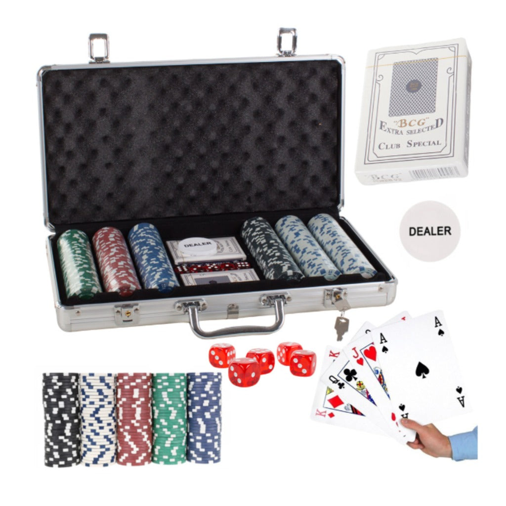 Texas Hold'em Poker Set 300 Chips im abschließbaren Aluminiumkoffer mit 2 Kartendecks und Würfeln – Bild 4