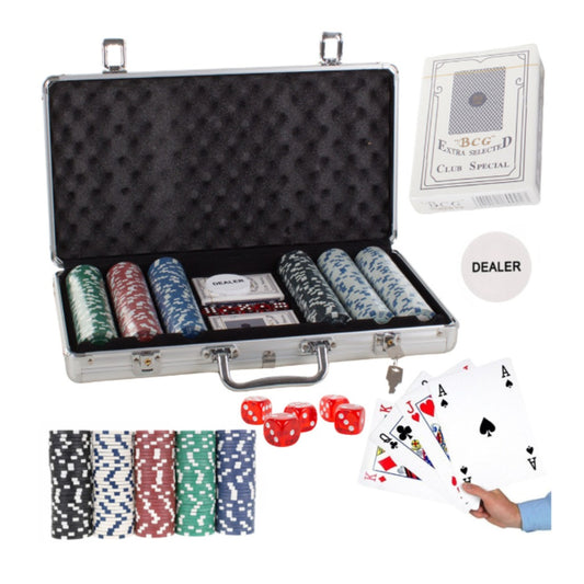 Texas Hold'em Poker Set 300 Chips im abschließbaren Aluminiumkoffer mit 2 Kartendecks und Würfeln – Bild 4