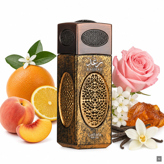 Lattafa Pride Raghad Eau de Parfum 100 ml – orientalisch blumiger Damenduft mit Pfirsich, Rose und Vanille – Duftnoten