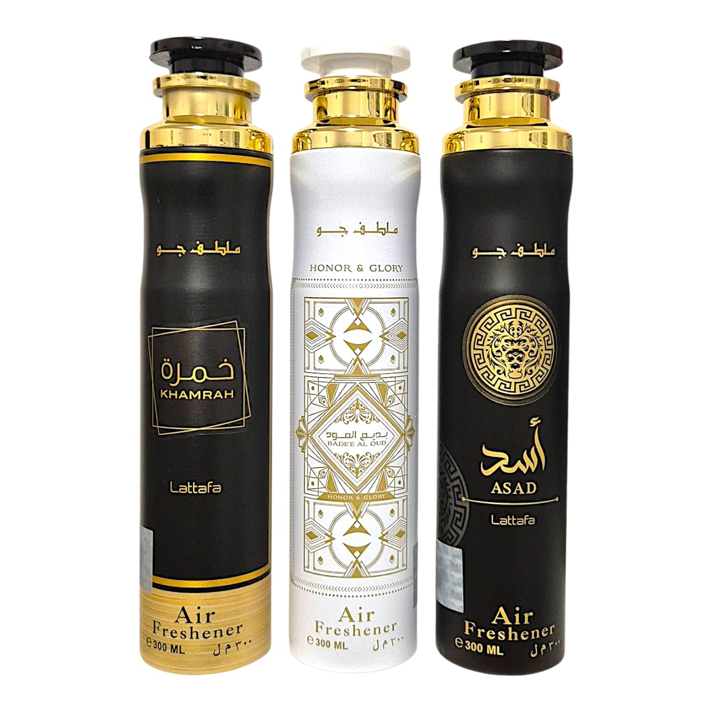 Lattafa Raumduft Set Lufterfrischer Honor & Glory, Asad, Khamrah 3x300ml=900ml