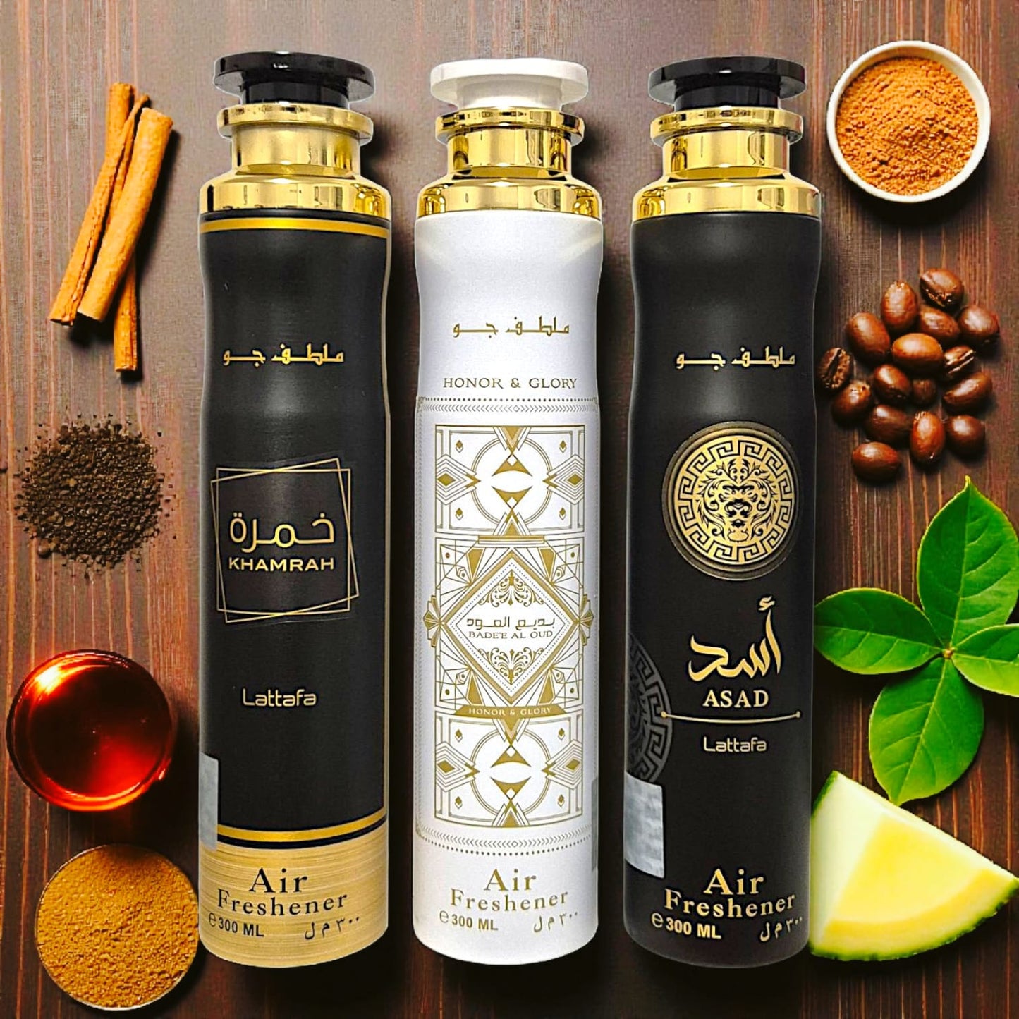 Lattafa Raumduft Set Lufterfrischer Honor & Glory, Asad, Khamrah 3x300ml=900ml