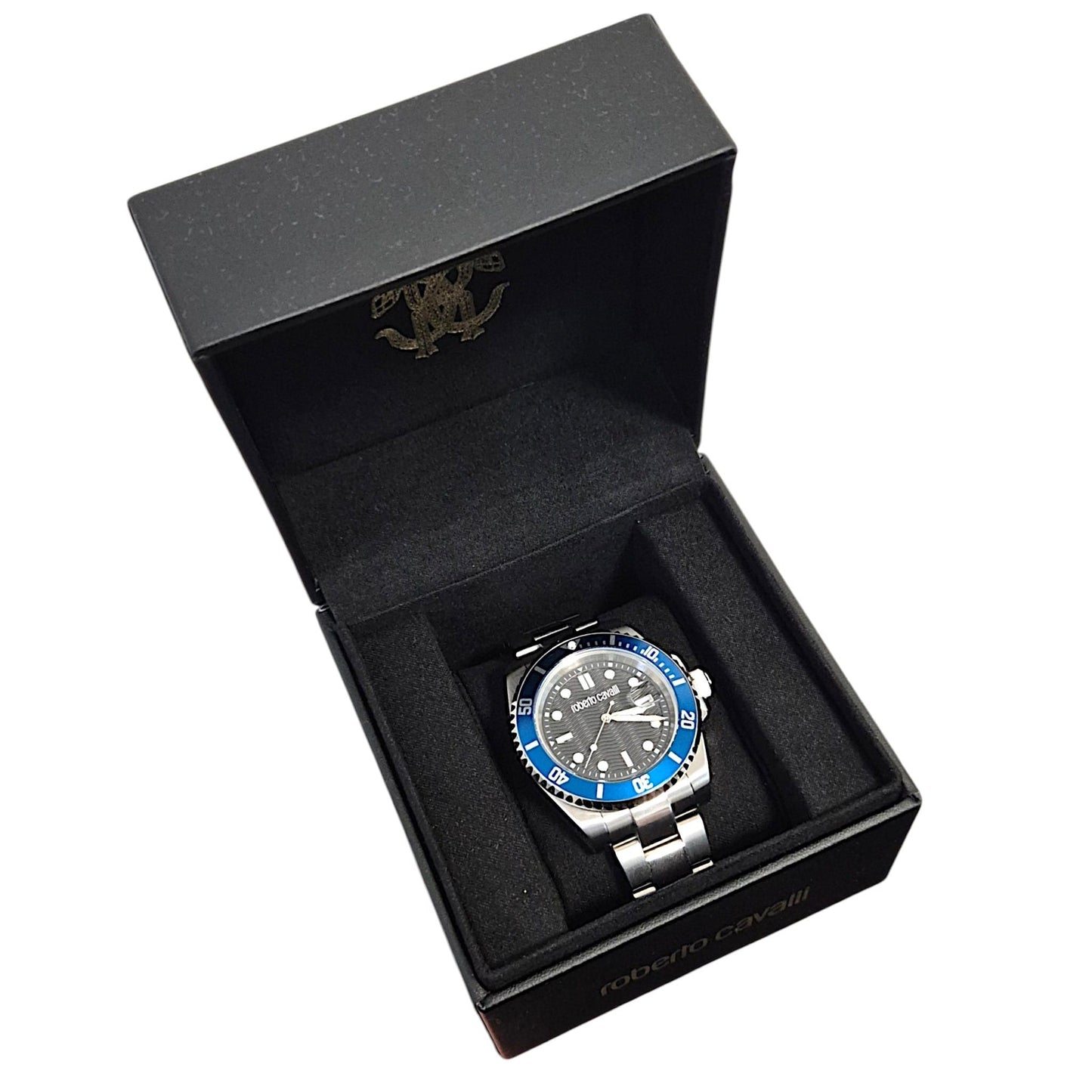 Roberto Cavalli RC5G168M0035 Herren Armbanduhr mit blauem Bezel, schwarzem Zifferblatt und silbernem Edelstahlarmband