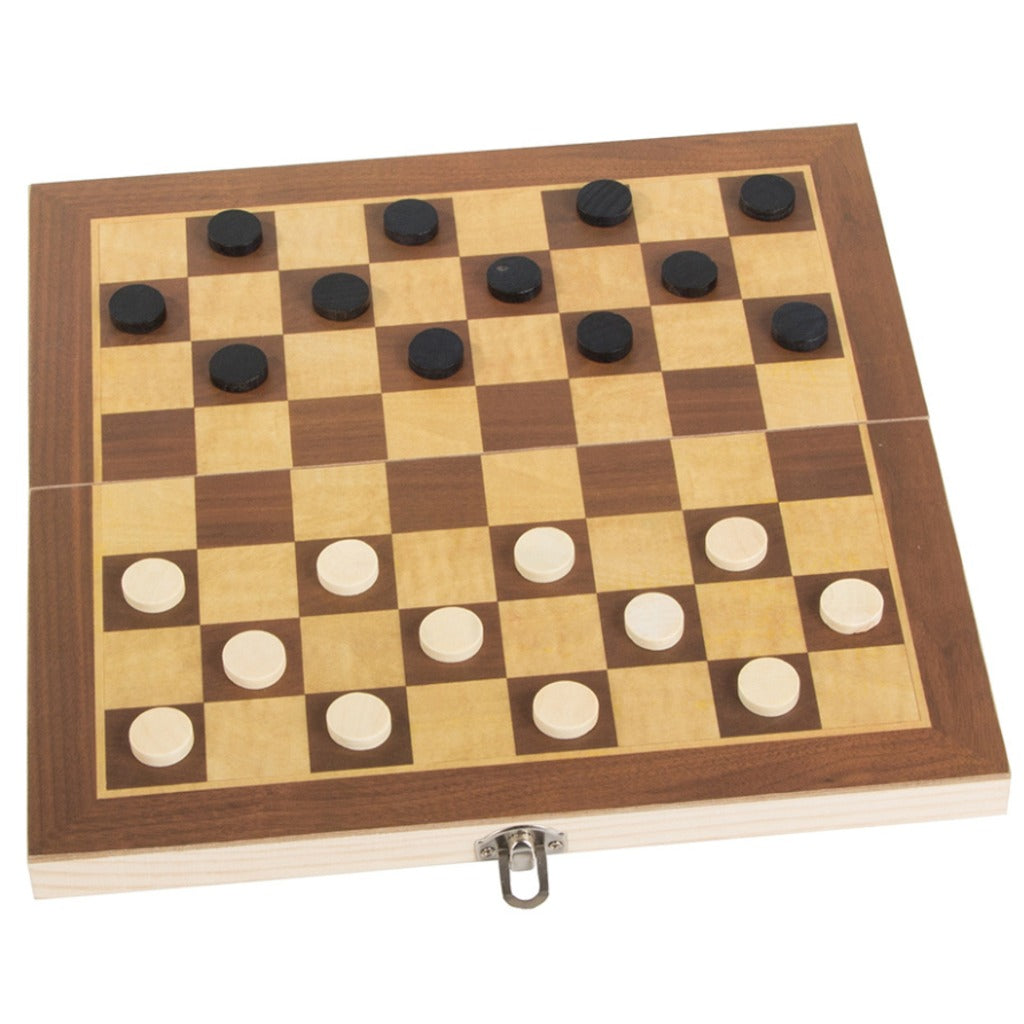 3-in-1 Brettspiel Set aus Holz 29,5 cm – Schach, Dame und Backgammon für Kinder und Erwachsene – Bild 5