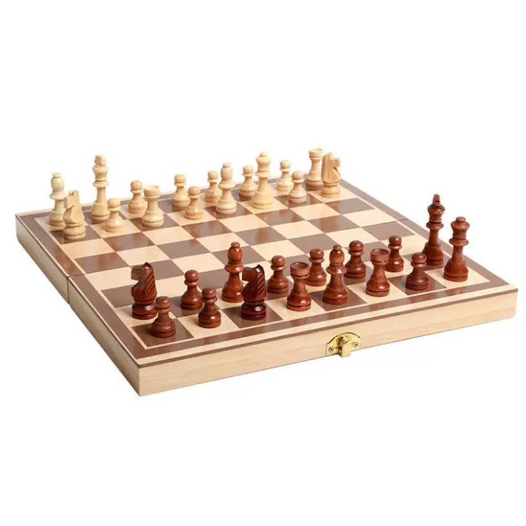 3-in-1 Brettspiel Set aus Holz 29,5 cm – Schach, Dame und Backgammon für Kinder und Erwachsene – Bild 7