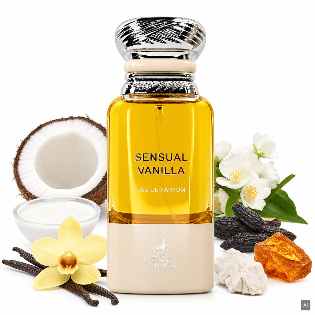 Maison Alhambra Sensual Vanilla Eau de Parfum 80 ml – süßer Unisex-Duft mit Vanilleblüte, Jasmin und Amber – Duftnoten