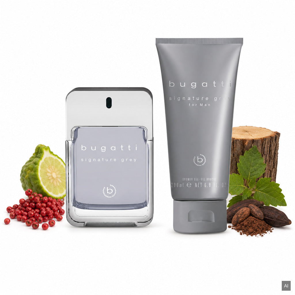 Bugatti Signature Grey for Man Geschenkset Eau de Toilette 100 ml + Duschgel 200 ml – holzig-würziger Herrenduft – Duftnoten
