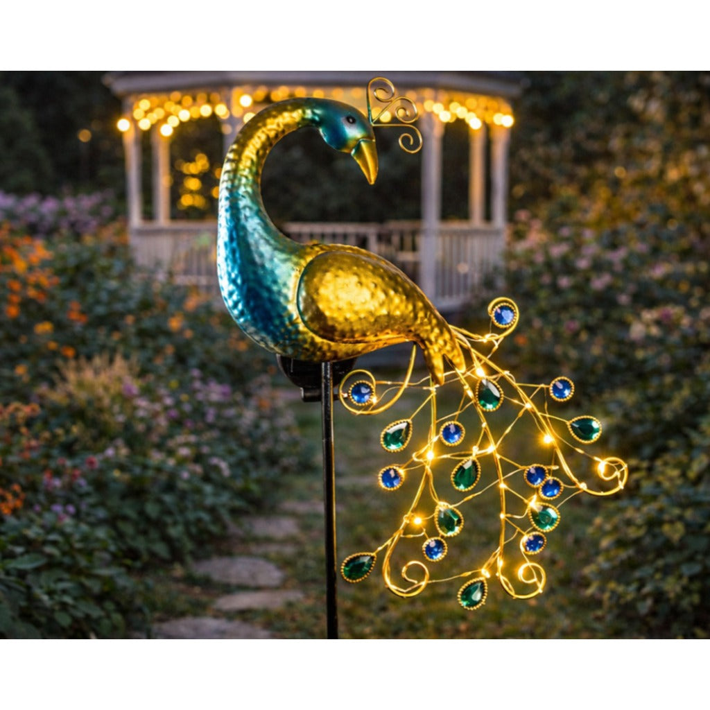 Solar Gartenleuchte Pfau LED mit Erdspieß 110 cm – warmweiße Solarlampe Gartendeko aus Metall – Bild 11