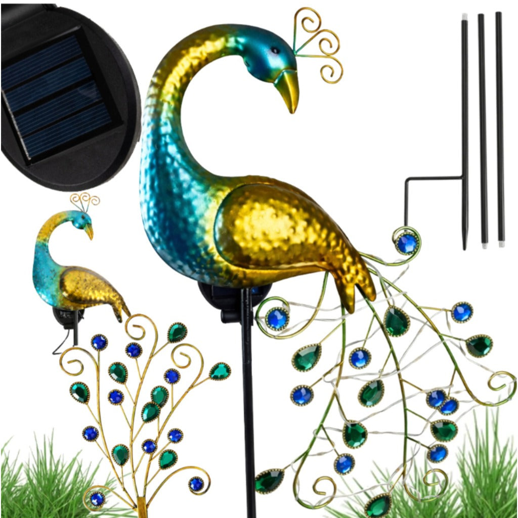 Solar Gartenleuchte Pfau LED mit Erdspieß 110 cm – warmweiße Solarlampe Gartendeko aus Metall – Bild 2