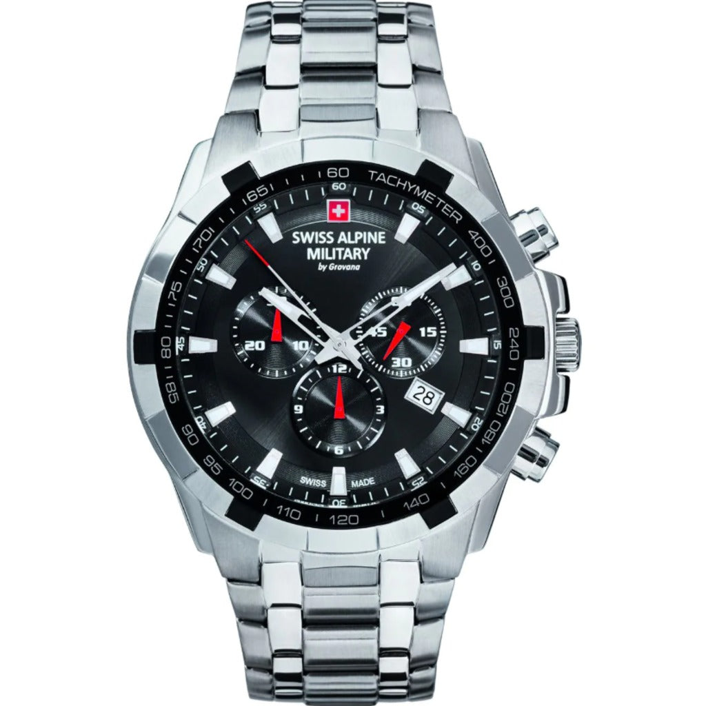 Swiss Alpine Military 7043.9137 Star Fighter Chronograph Herrenuhr 46 mm Edelstahl schwarzes Zifferblatt 10 ATM
