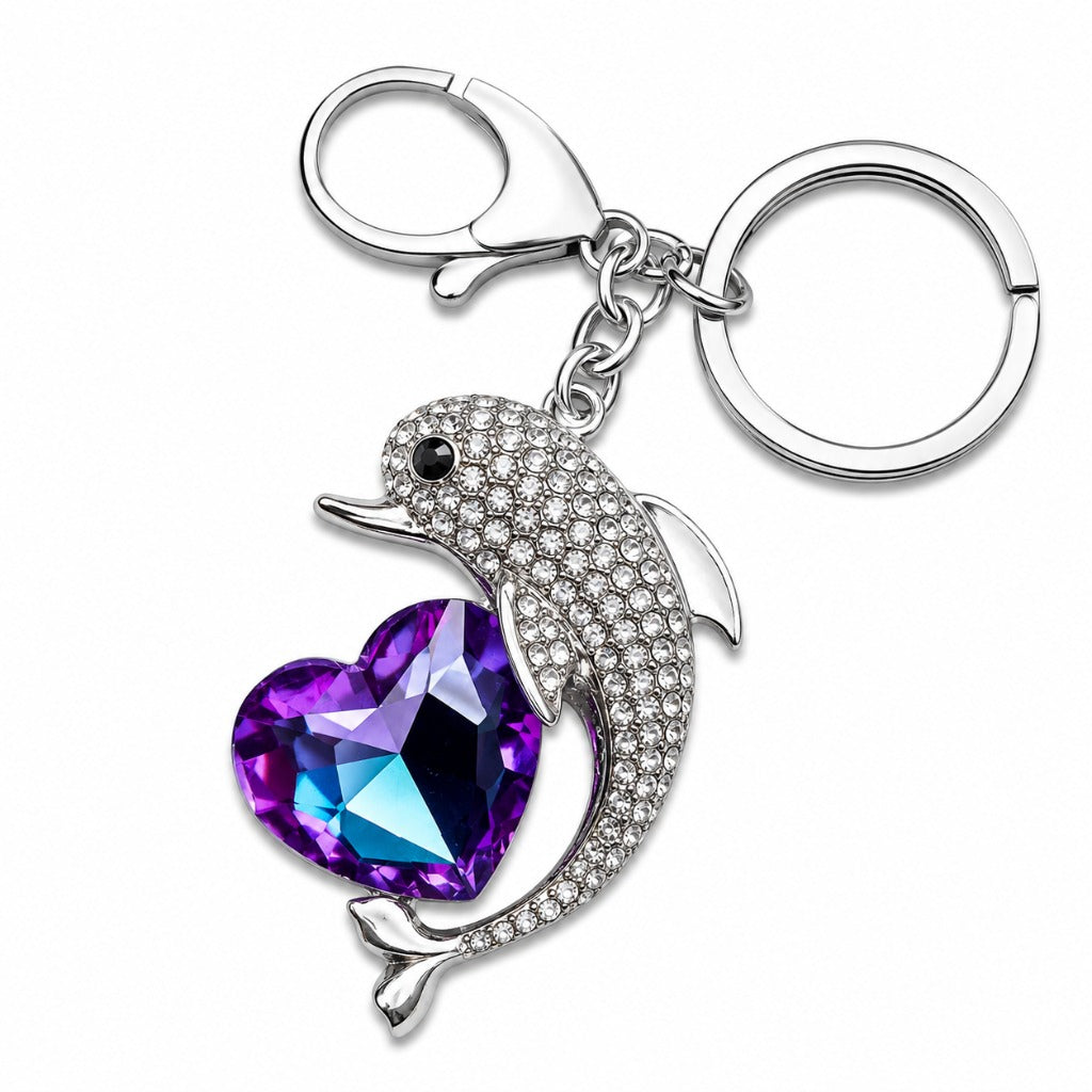 Strass Delfin Schlüsselanhänger mit Kristallherz – funkelndes Accessoire für Damen mit Strasssteinen und Karabinerhak – Bild 4