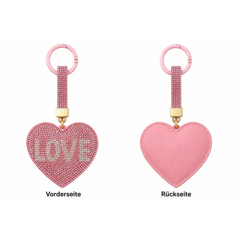 Strass Herz Schlüsselanhänger LOVE Rosé – Glitzer Taschenanhänger mit Schlüsselring für Damen