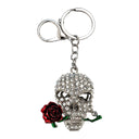Strass Totenkopf Schlüsselanhänger mit Rose – Glitzer Skull Taschenanhänger in Silber