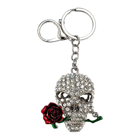 Strass Totenkopf Schlüsselanhänger mit Rose – Glitzer Skull Taschenanhänger silberfarben mit Strasssteinen