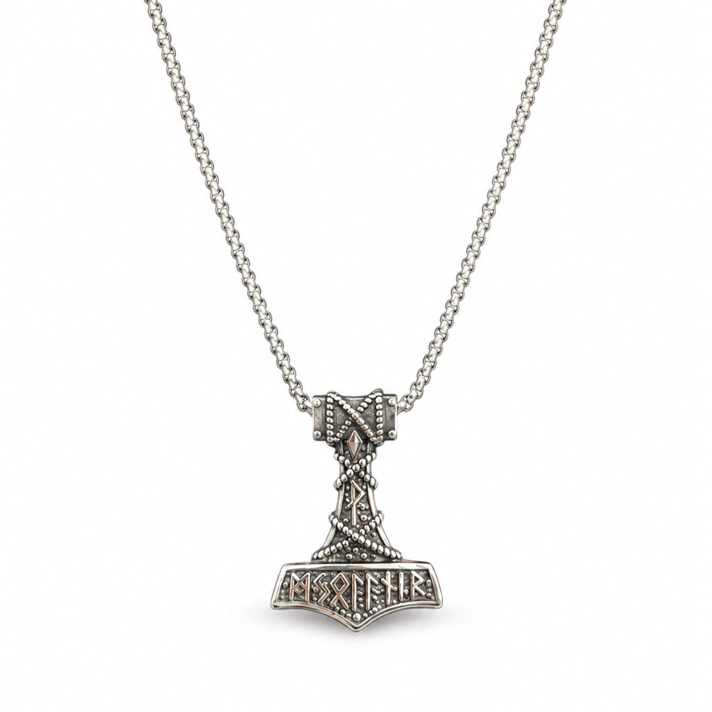 Wikinger Halskette Thors Hammer Mjölnir Anhänger nordische Runen Unisex Schmuck 58 cm