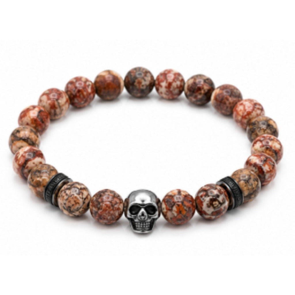 Herren Totenkopf Armband mit Naturstein-Perlen in Braun-Rot-Tönen – Skull Armband für Biker Rock Streetwear