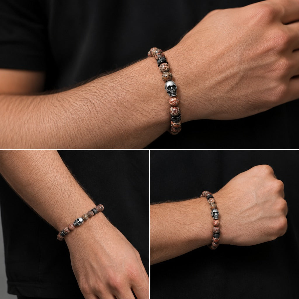 Herren Totenkopf Armband mit Naturstein-Perlen in Braun-Rot-Tönen – Skull Armband für Biker Rock Streetwear – Bild 2